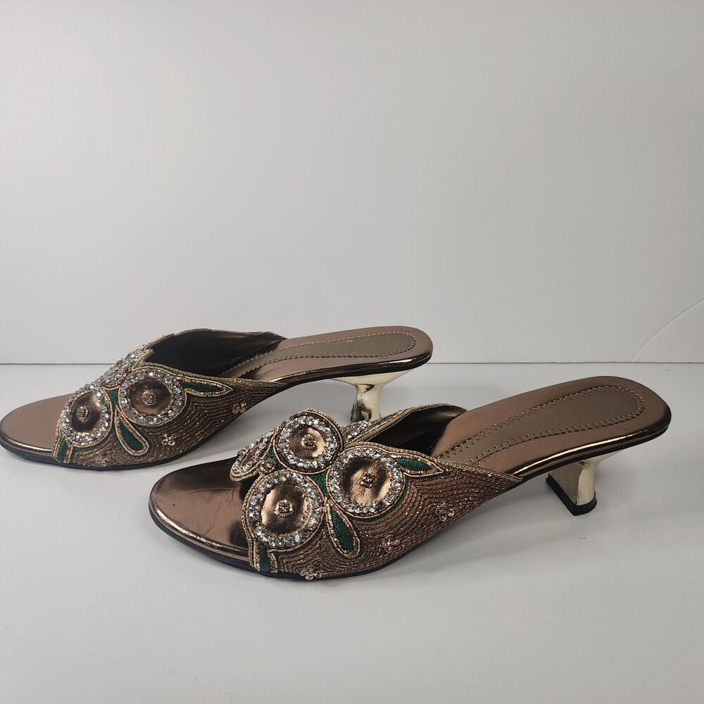 Vintage Metallic Sequin Beaded Slingback Heels Size 6 Artisan Made Kitten Heels